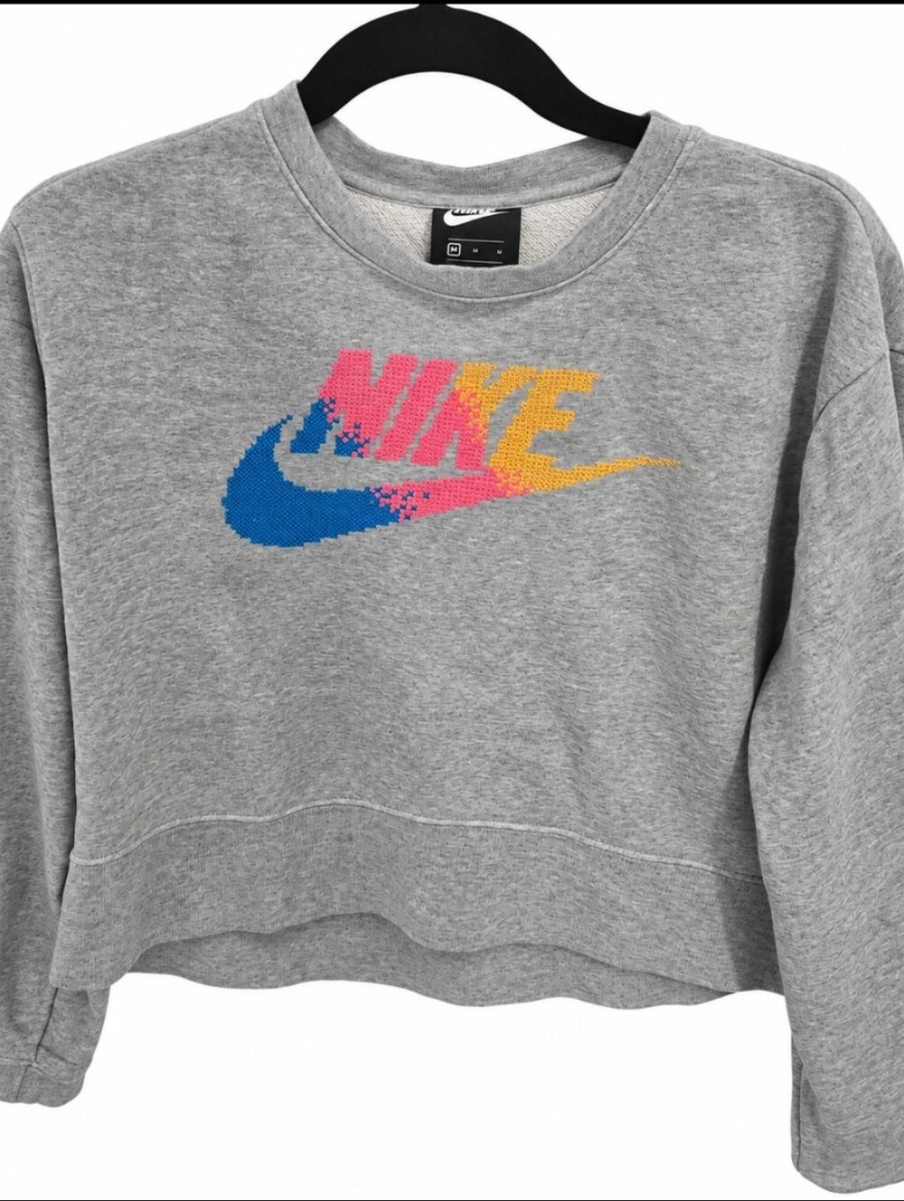 Nike Gray Cropped Sweatshirt with Blue, Pink & Yellow Logo